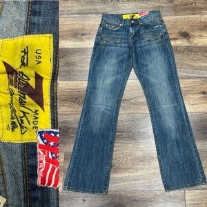 Y2K💎7FAM The Great Wall Of China Swarovski Crystal Studded Bootcut Jeans Sz 27